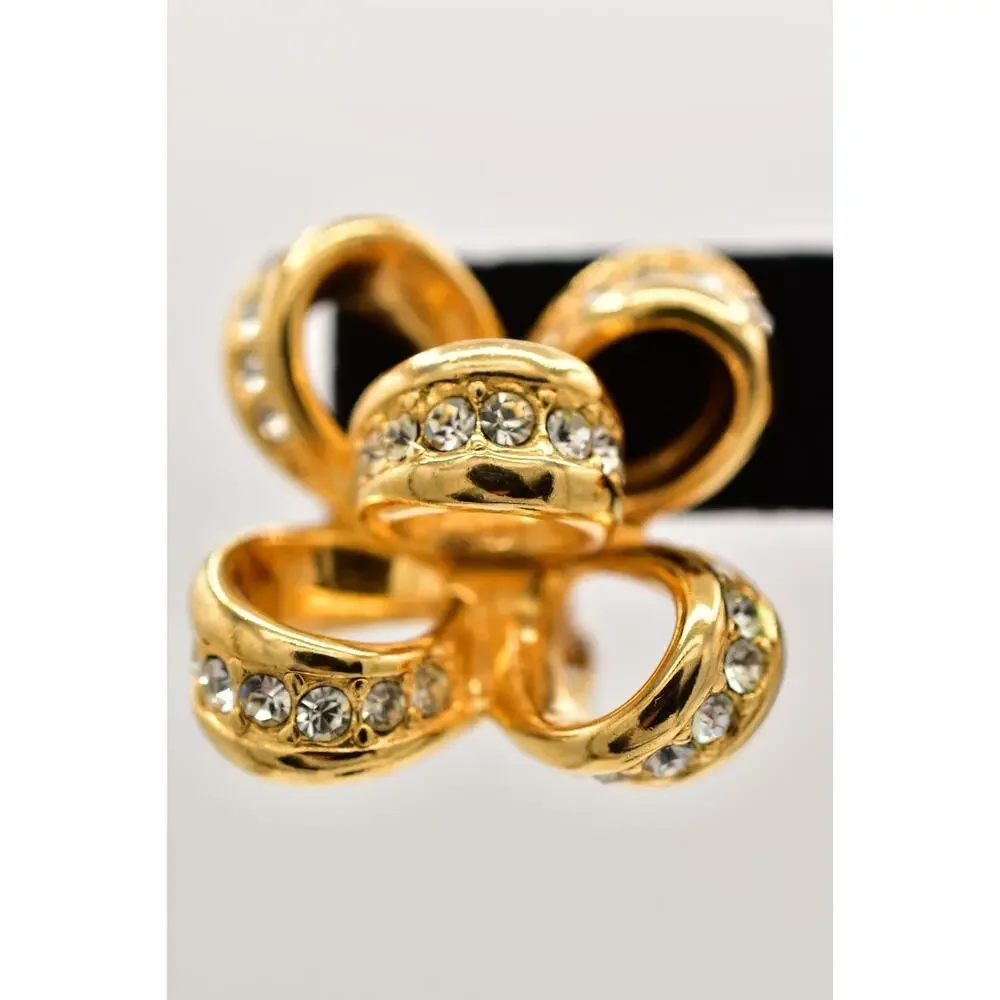 KJL Vintage Crystal Bow Clip Earrings Knot Gold Tone Chunky Signed 1990s BinBF - Picture 6 of 12